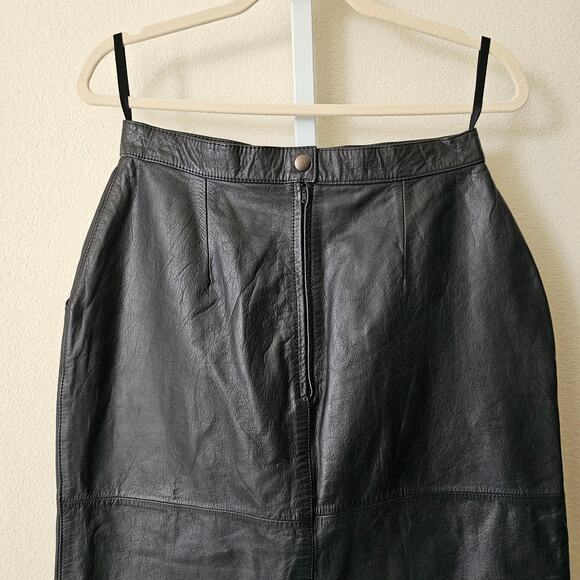 VTG SILVERLEAF Black Leather Pocket Snap Button Zipper Pencil Midi Skirt Sz 12 - Picture 9 of 16